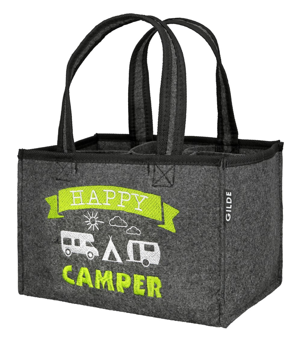 Flaschentasche Happy Camper - Gilde Flaschentasche Filztasche 44887 / Flaschenträger 6 Flaschen - Tragetasche