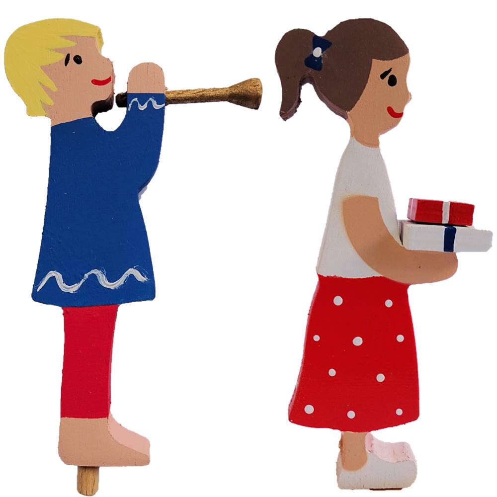 Geburtstagskinder mit Geschenken & Trompete, rot - Steckfigur für den großen Kerzenring von Sebastian Design